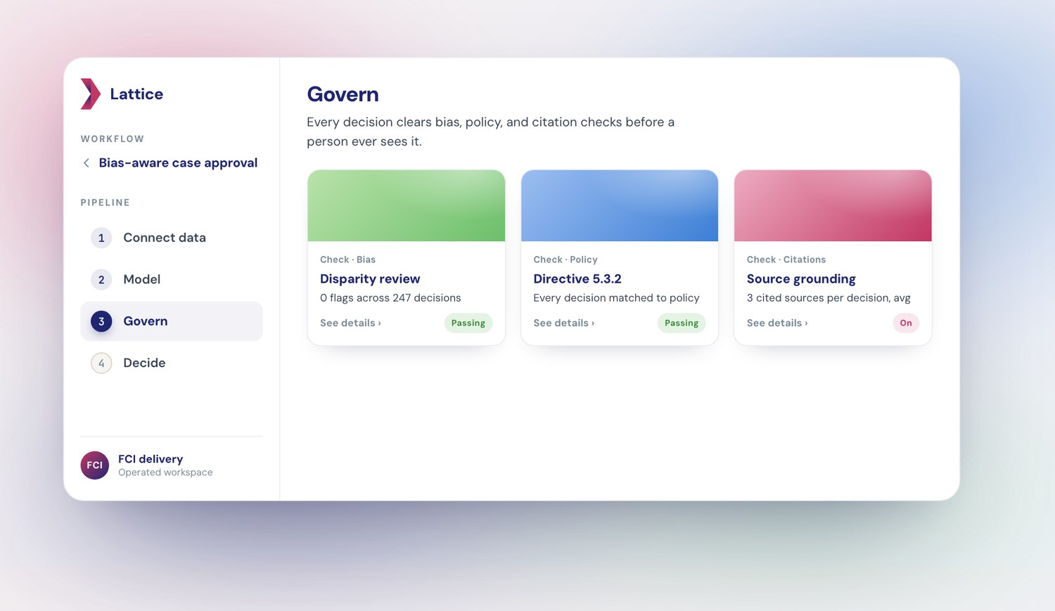 Lattice — governance checks (bias, policy, and citations) running on every decision